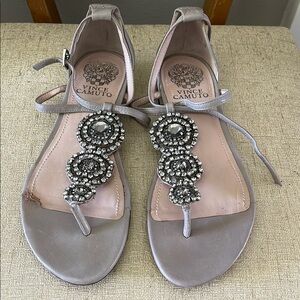 Vince Camuto Gray T-Strap Sandals with beaded Medallion Embellishments